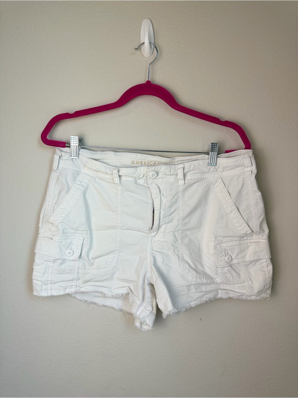 American Eagle Outfitters White Cargo Shorts with Frayed Hem